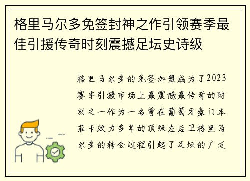 格里马尔多免签封神之作引领赛季最佳引援传奇时刻震撼足坛史诗级